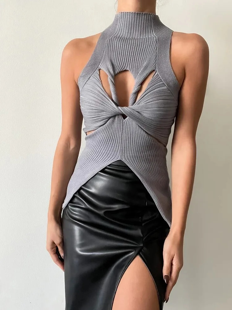 VGH Fashion Minimalist Hollow Out Solid Sexy Tank Tops For Women Stand Collar Sleeveless Off Shoulder Irregular Vest Female 250225