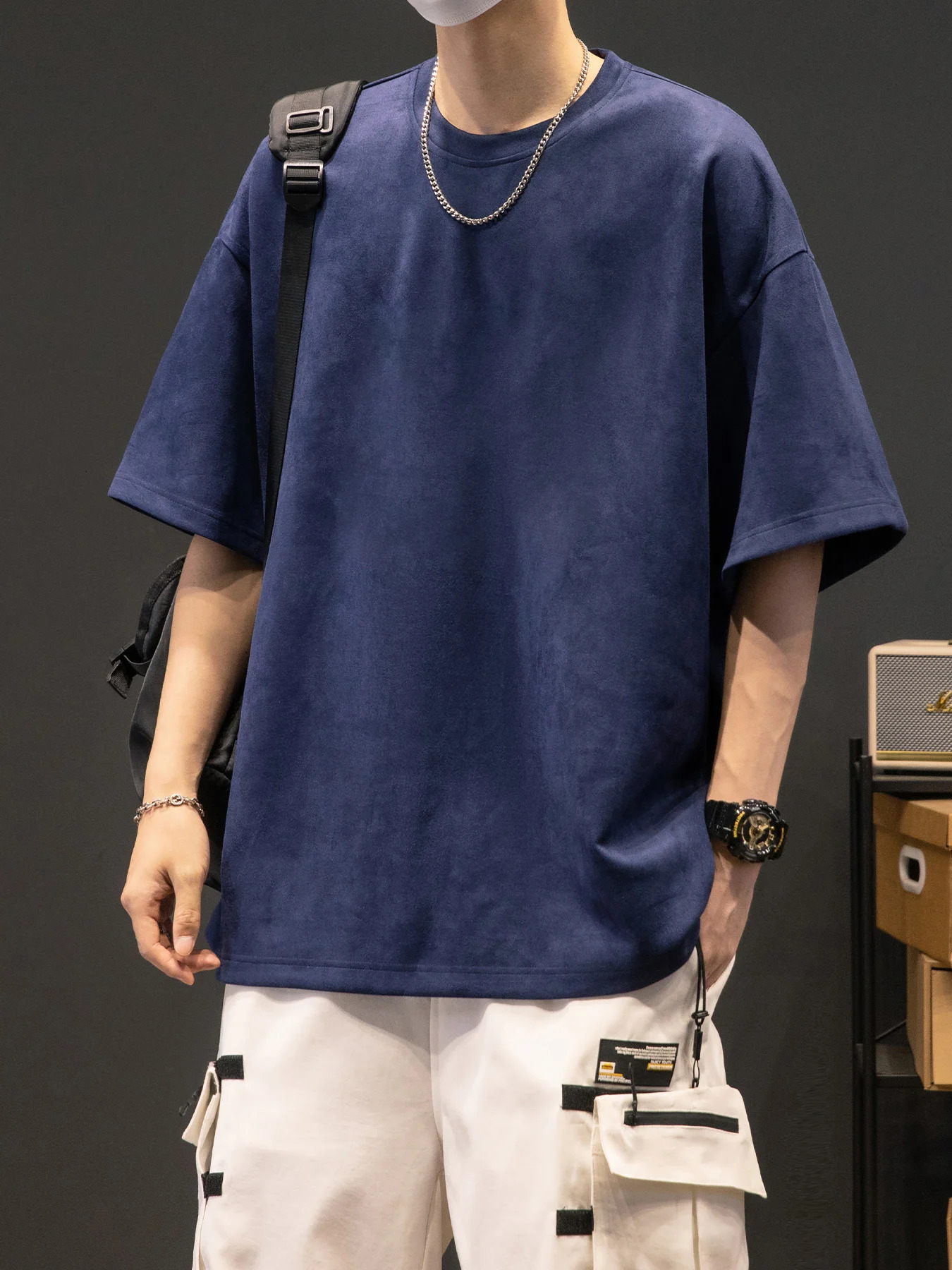 Mens Summer American Suede Top Fashion Casual Vintage Short Sleeve Versatile T-shirt 250225