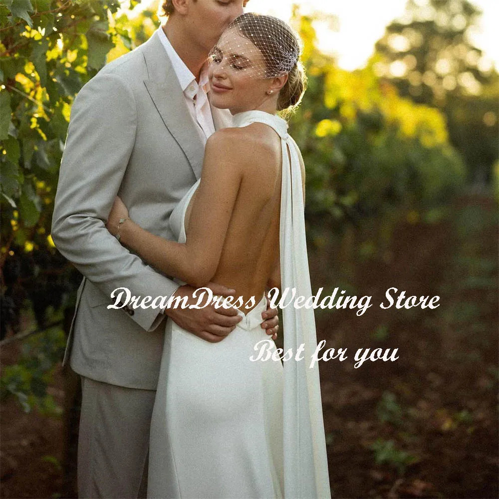 DREAM Customized Simple VNeck Halter Mermaid Crepe Wedding Dress For Women Boheimian Backless Sweep Train Bridal Gown 2025 250224