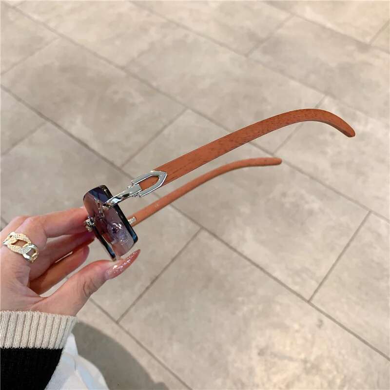 KAMMPT Rimless Sunglasses For Men Women Wooden Pattern Brand Retro Sun Glasses Fashion Shades UV400 Travel Outdoor