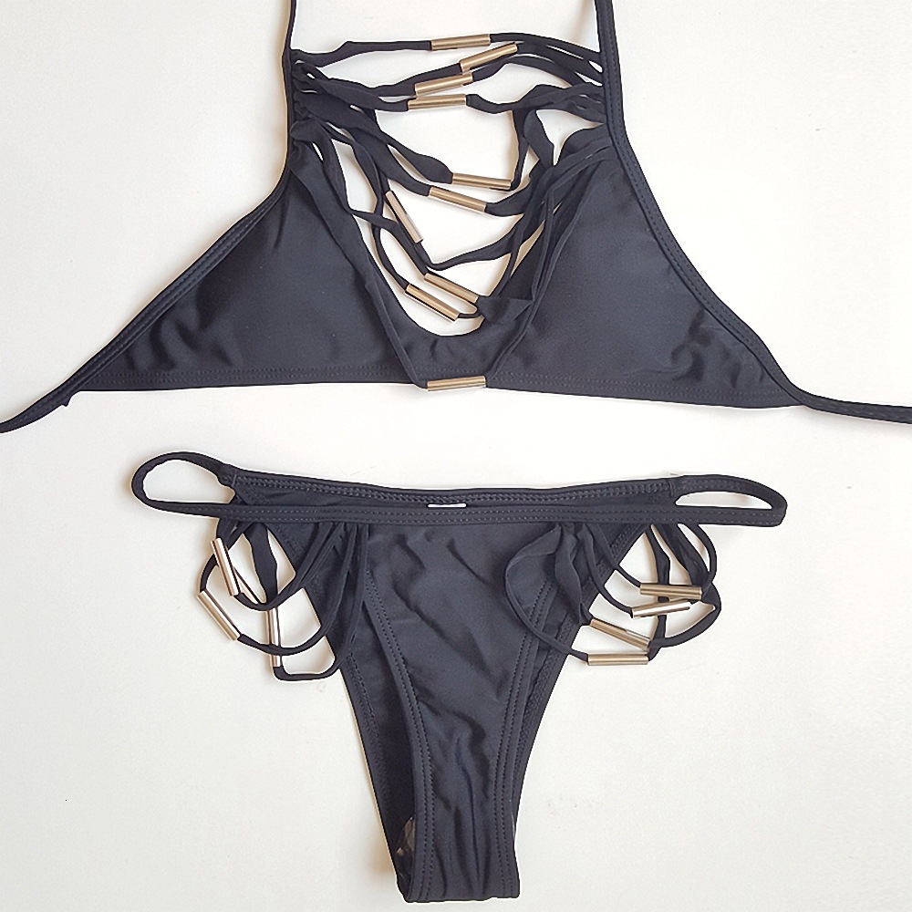 swimwear Split collar hollow gathering casual vacation sexy swimsuit factory multi rope chest beauty fashion bikini