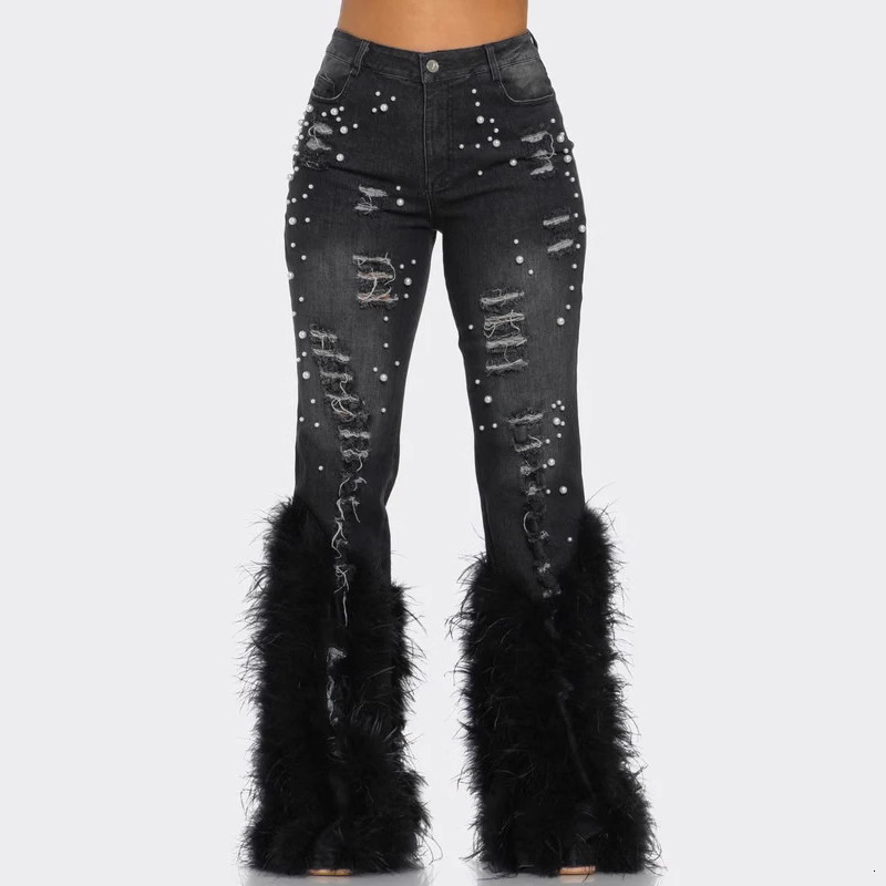 D8711 New Fashionable Casual Jeans with Nail Beads and Long Hairy Jeans 201105