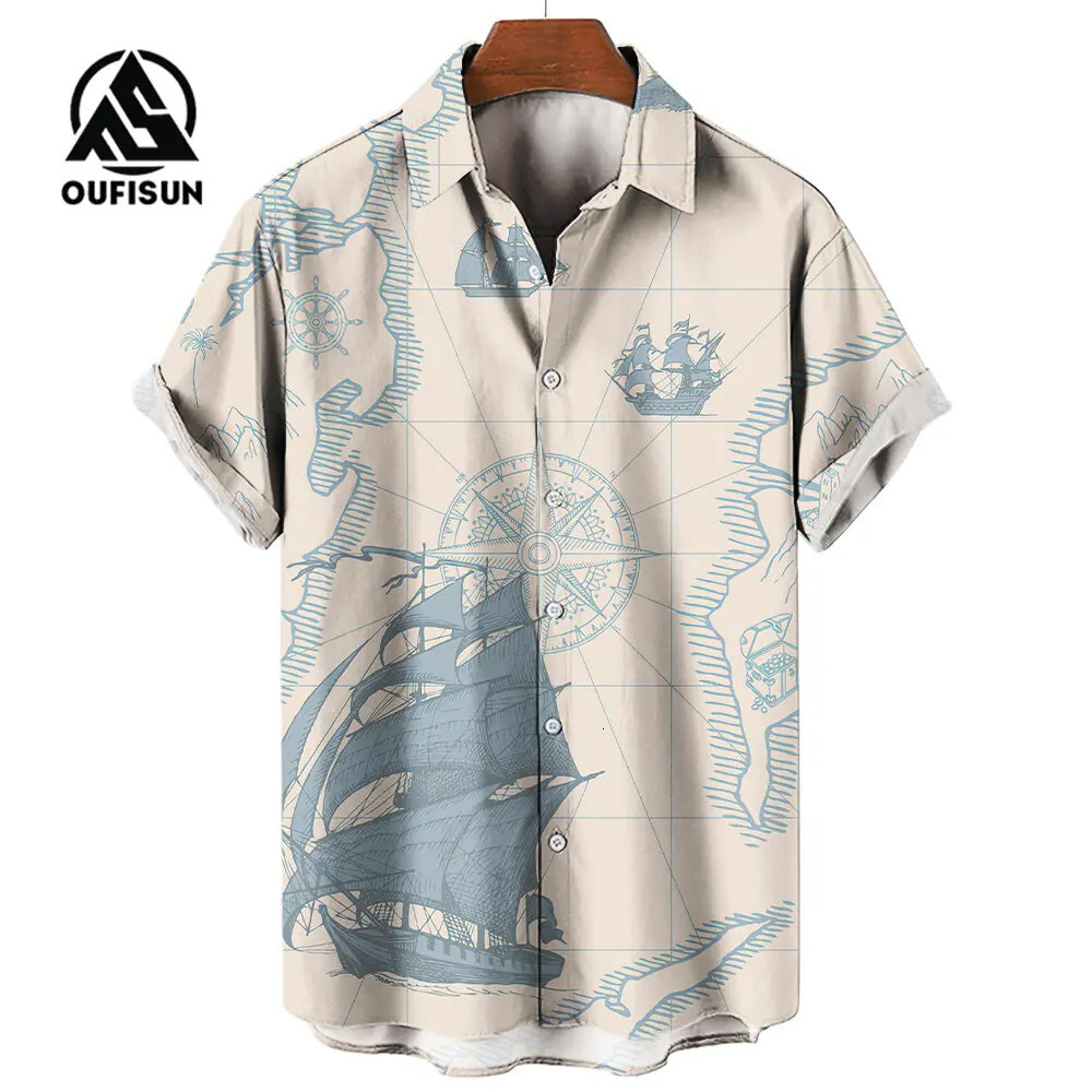 Mens Short Sleeve Shirt Summer Fashion Nautical Compass Anchor Printed Tops Mens Casual Loose Shirts Oversized Size S-5XL 250226