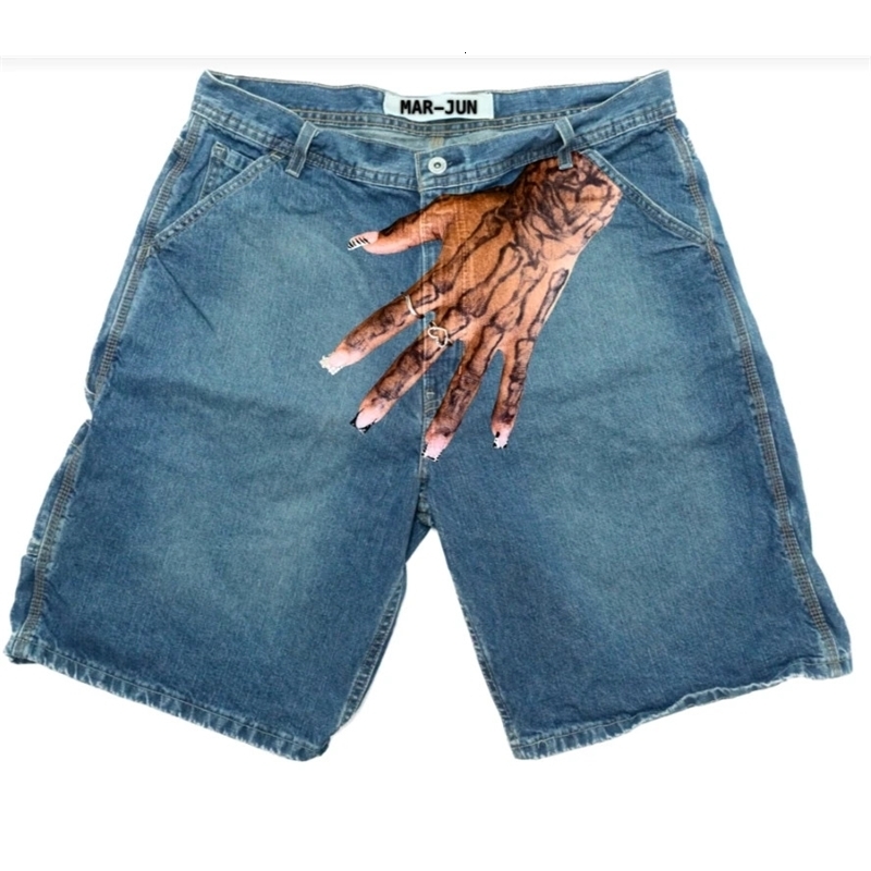 Vintage Blue Palm Print Baggy Denim Gym Shorts Harajuku Y2K Pants Mens Graphic Streetwear Gothic Sweatpants Shorts Men Clothing 250226