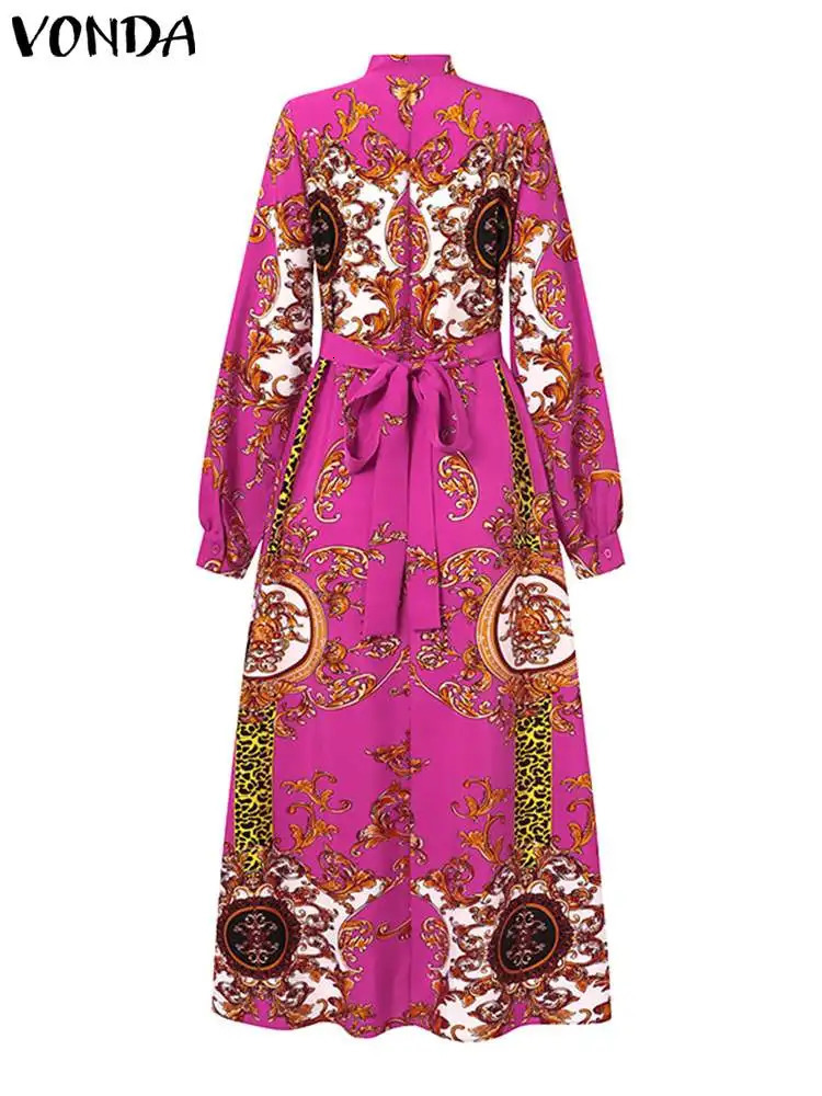 VONDA Maxi Dress Summer Women Bohemian Printed Party Sundress Long Sleeve Stand Collar Casual Robe Holiday Dresses Belted 250222