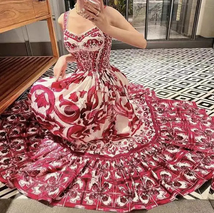 Women Dress Runway Summer Clothes Midi Dress Spaghetti Strap Blue White Porcelain Elastic Bust A-line Vintage Long Dresses250222