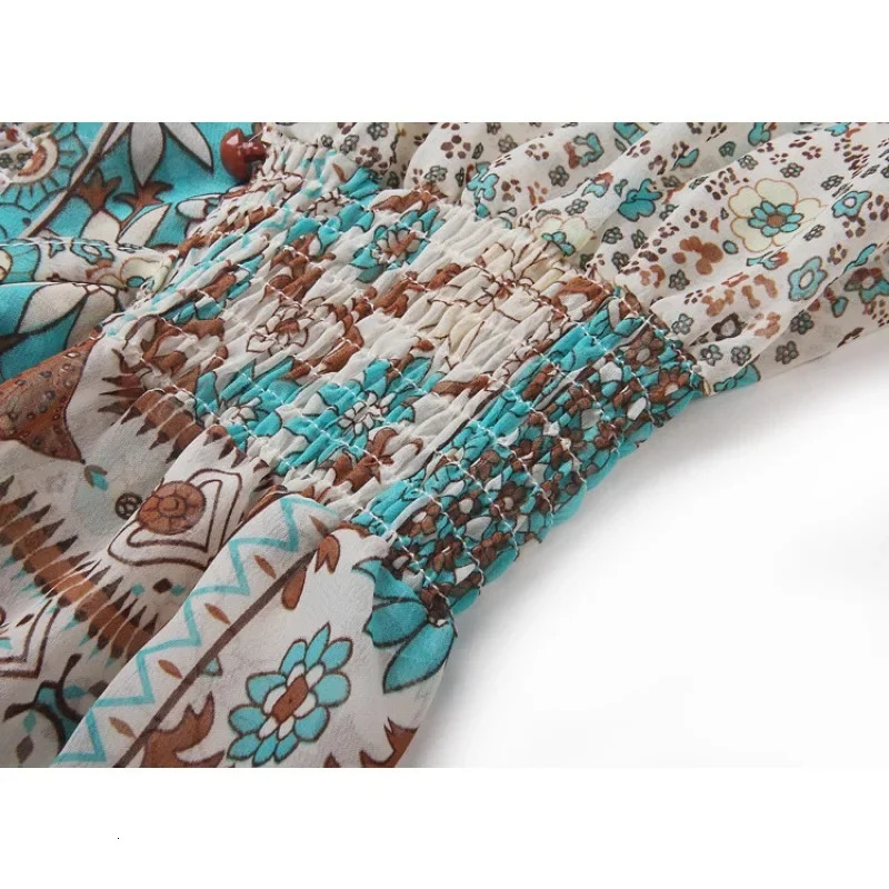 Womens Bohemian Long California Printed Fringe Long Sleeve Beach Dress FY1247804 White Dress 250225