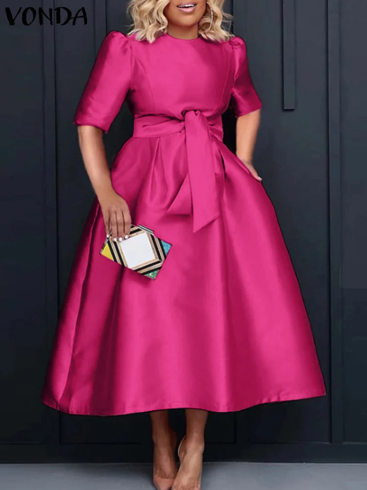 VONDA Plus Size 5XL Elegant Satin Summer Midi Dress Women Short Sleeve Vestidos Casual Belted Loose Solid Color Long Robe 250225