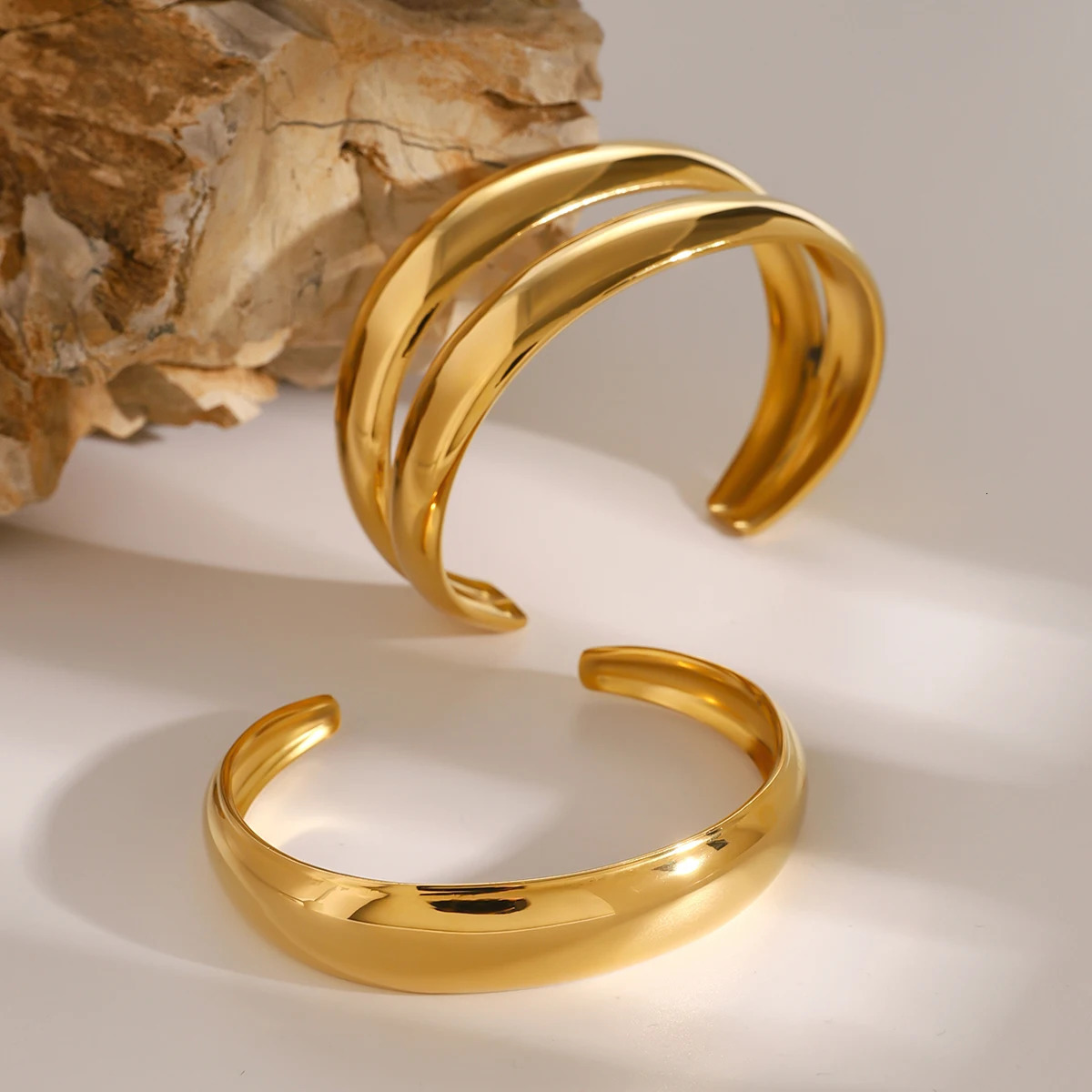 Uworld Stainless Steel Statement Gold Color Cuff Bracelet Bangle Metal Texture Multi-Layer Temperament Fashion Waterproof Jewelr 250225