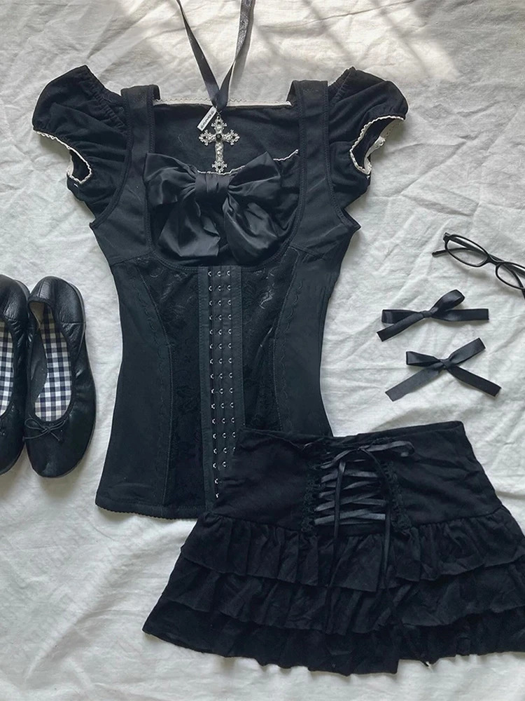 Y2K Cute Harajuku Womens Mini Skirt vintage Streetwear Hip Hop Punk Rock Chic Sweet Bow Emo Solid Color Womens Crop Tops 250225