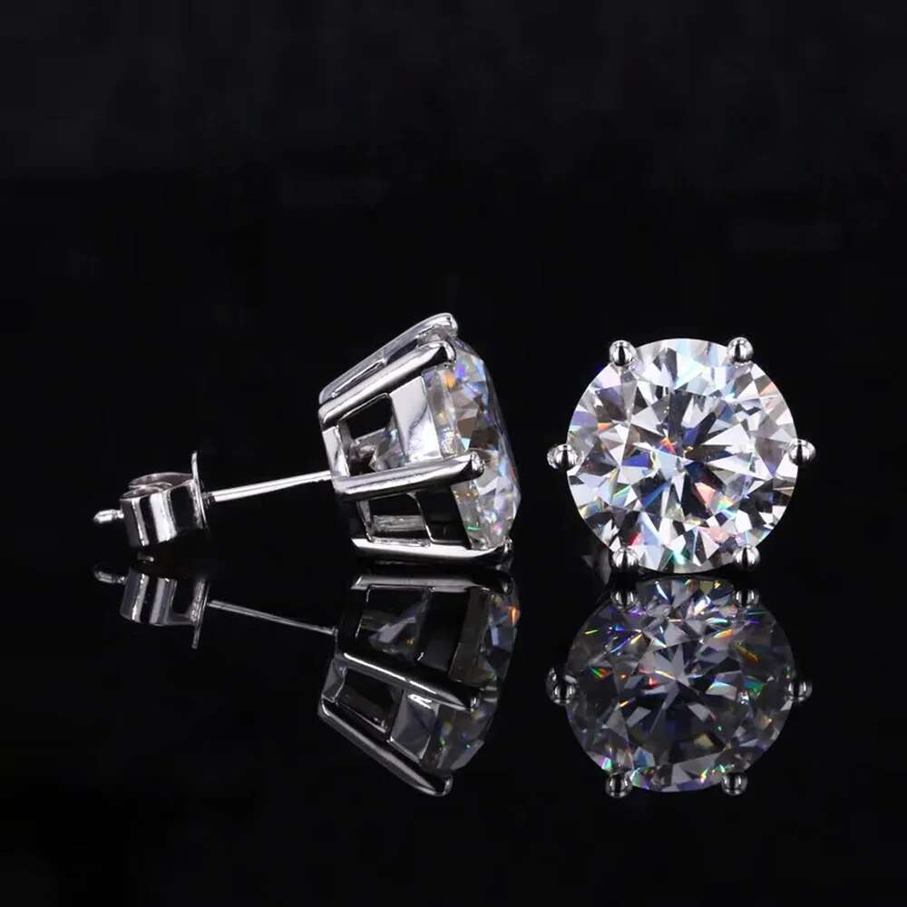 0.5-3ct Round Brilliant Cut Moissanite Solitaire Dia Stud Earrings 6-Prong Set Sier Plated Gold Ear Studs with GRA