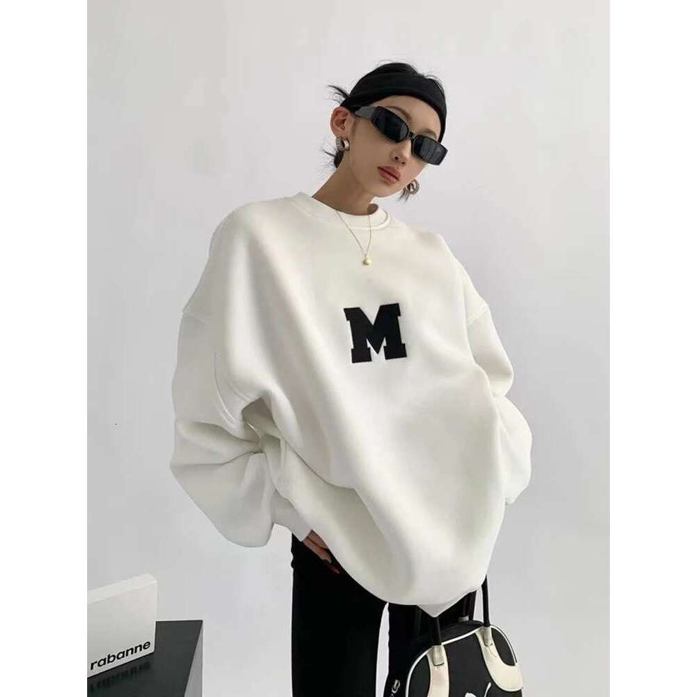 Women Fashionable Retro Grey Sweatshirts Autumn Winter Loose Casual Hoodie Round Neck Oversize Pullovers Tops