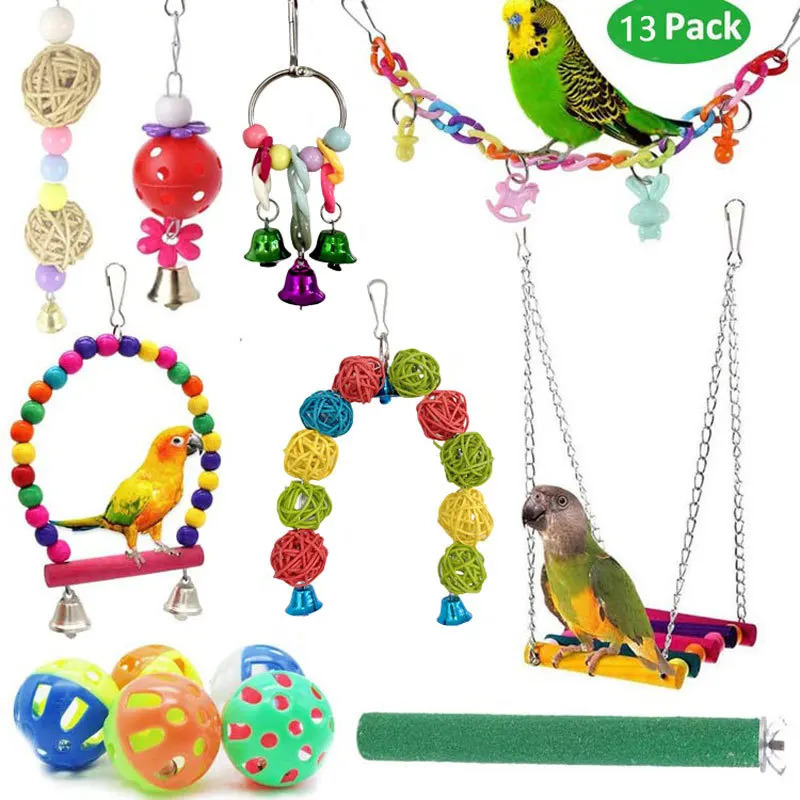 13Pcs Bird Cage Toys for Parrots Wood Birds Swing Reliable Chewable Bite Bridge Wooden Beads Shape Parrot Toy Bird Toys 250226