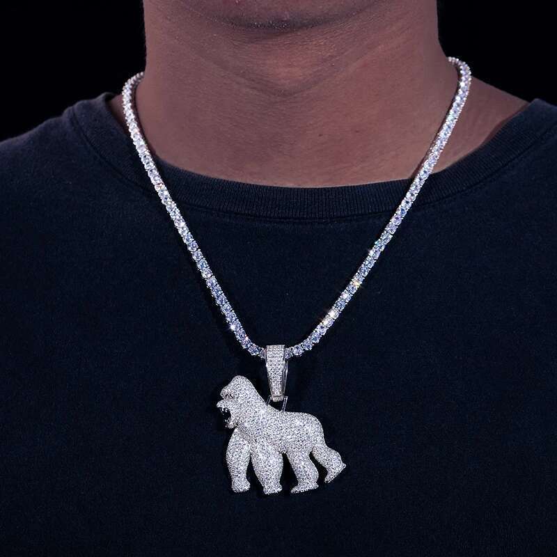 S Sier D VVS Moissanite Animal Orangutan Pendant Iced Out Micro Pave Fashion Men's Hip Hop Punk Necklace Rock Jewelry