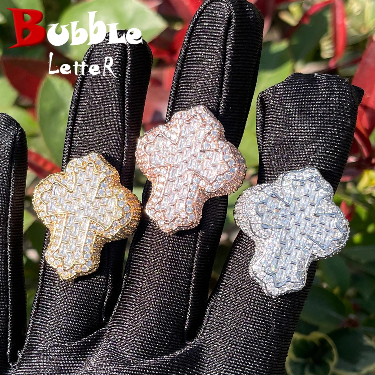Bubble Letter Cross Finger Ring Iced Out AA Zircon Prong Setting Fashion Luxulry Men Hip Hop Jewelry for Gift 250225