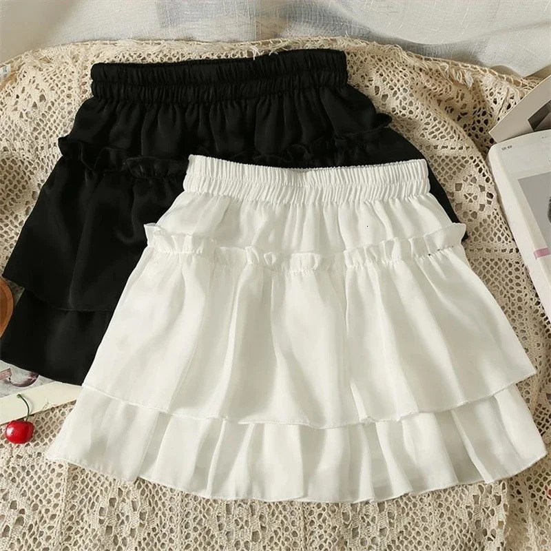 Summer Kawaii White Ruflles Skirt Women Fashion Slim Fit Mini Skirts Giris Y2k All Match Elastic High Waist Black Faldas 250226