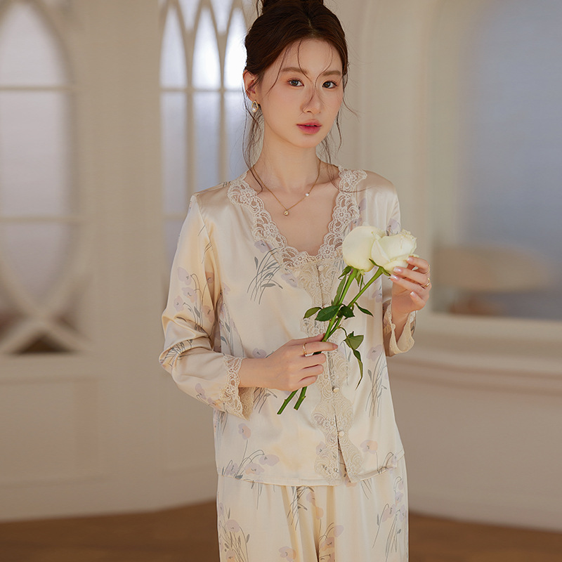 H210 Chinese light luxury pajamas for women Spring national style lace V-neck long-sleeved trousers
