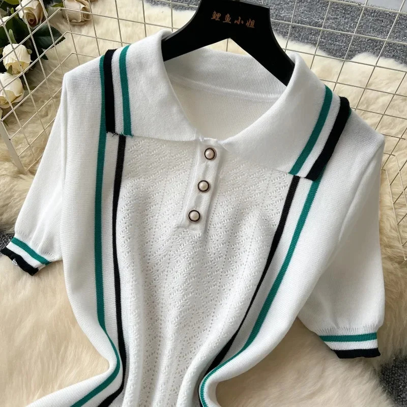 Womens Color Patchwork Ruffles Hem Knitted Mini Dress Buttons Polo-neck Short Sleeve High Stretch Bodycon Casual Outfits Dresses 250225