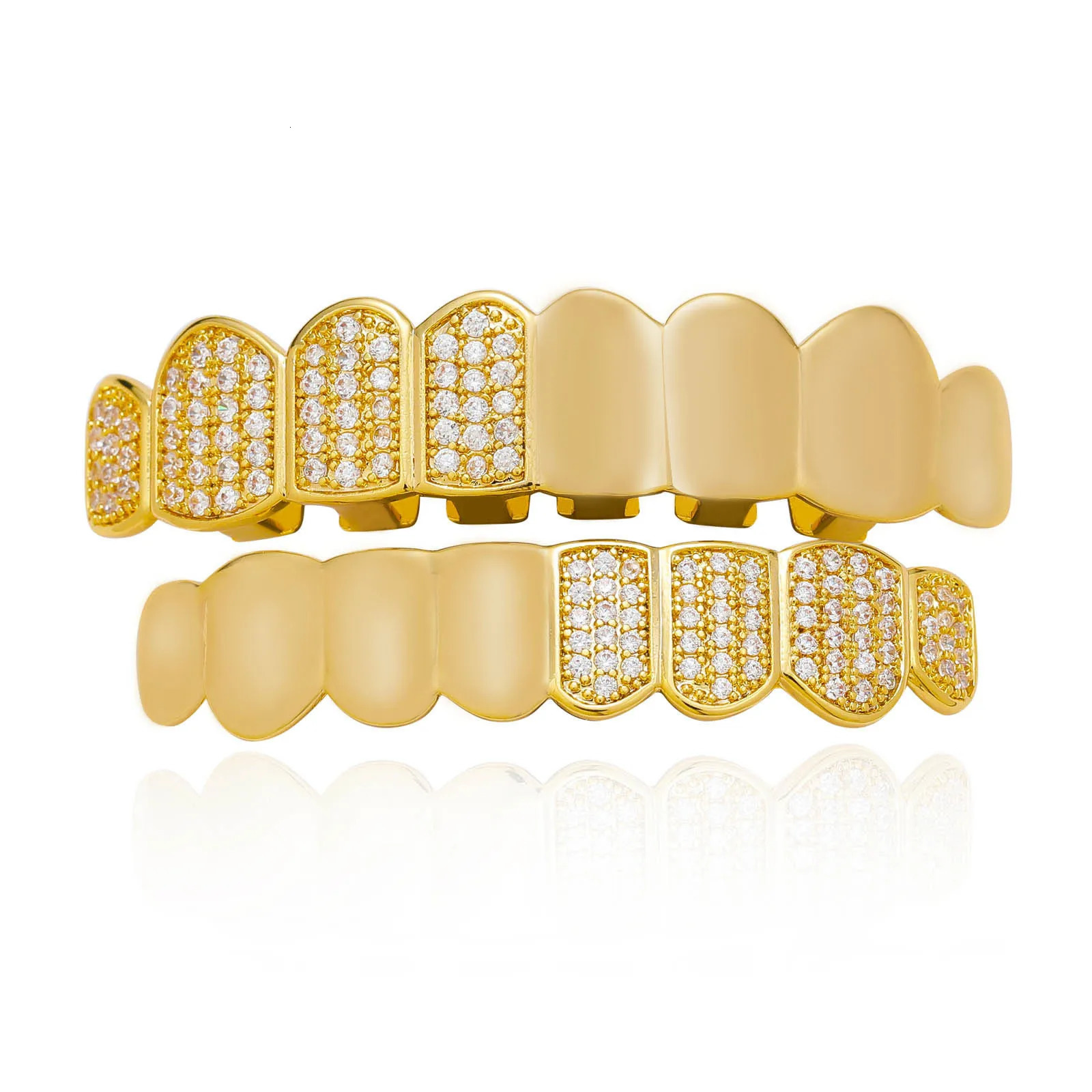 Half Mirrow Style Zircon Iced Out Teeth Hip Hop 8/8 Top Bottom Grills Dental Mouth Punk Teeth Caps Cosplay Party TG094 250220