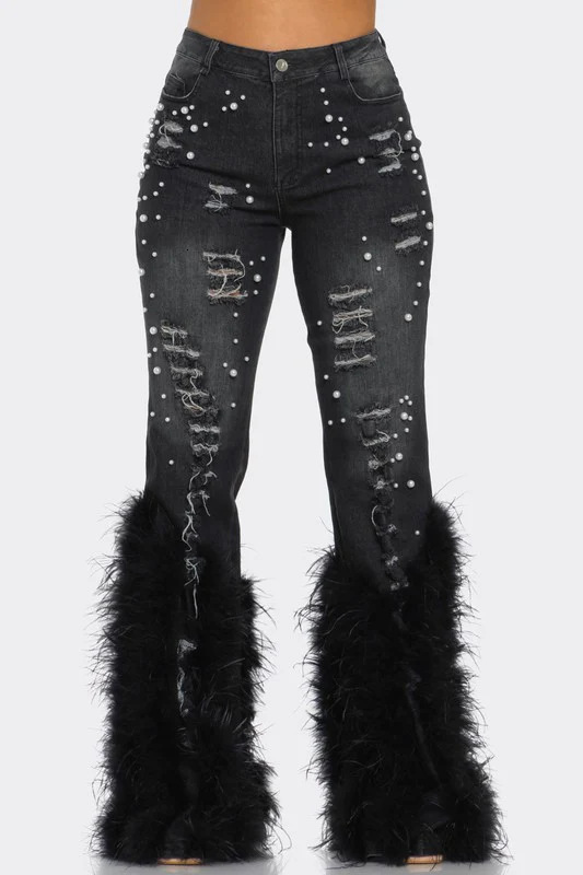 D8711 New Fashionable Casual Jeans with Nail Beads and Long Hairy Jeans 201105