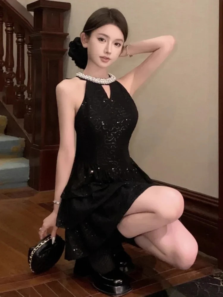 Ezgaga Woman Dress Sleeveless Sequins Rhinestone Halter Hollow Out Slim Ruffles Bowknot Vintage Elegant Mini Dresses Sexy Ladies 250225