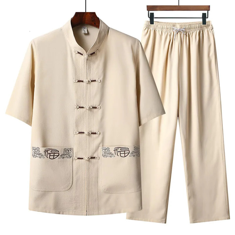 Chinese style Shirts Pants summer 100% Cotton linen Sportswear Mens Casual Sets spring Male Fashion Chinese style trousers 250222