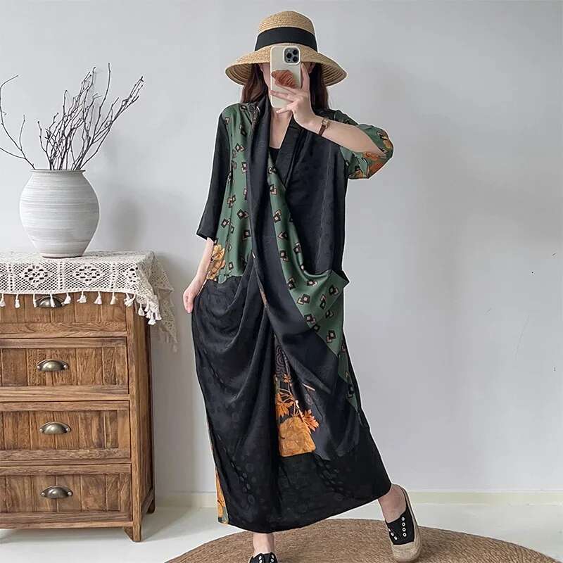 New Women Vintage Cross V Neck Ral Print Knotted Loose Maxi Long Dress Female Silk Retro Casual Party Vestidos De Mujer