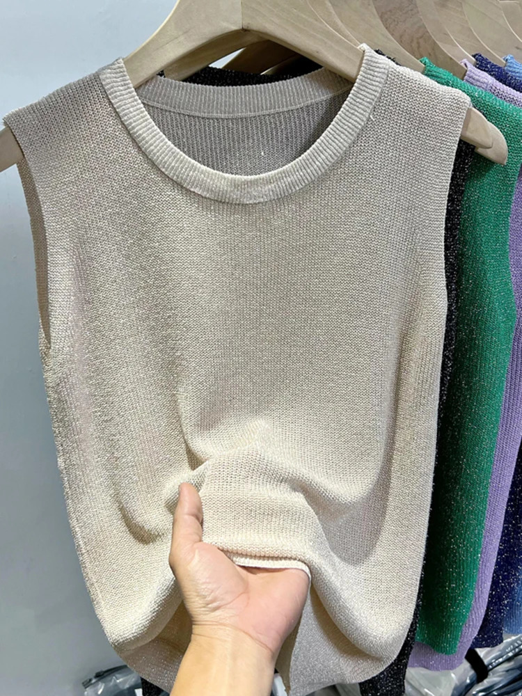 2025 Summer Women Knitted Green Tank Tops Women Thin Tops Basic Casual Tank Tops O-neck Tees Sleeveless Tops For Women 250226
