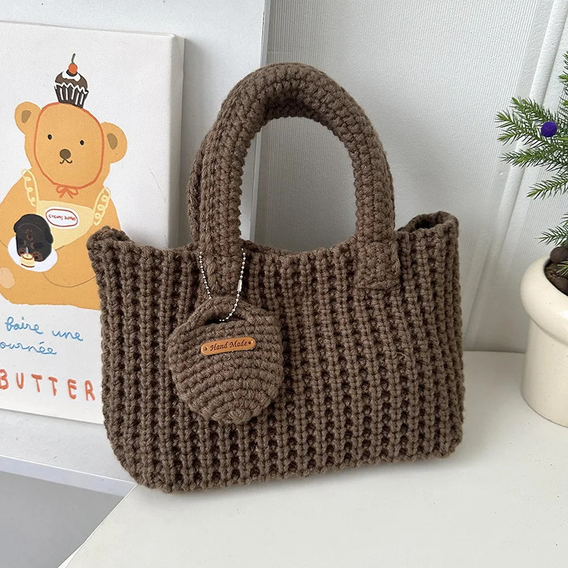 Woven Bag Solid Color Handmade Crochet Bag Cute Woolen Handbag Autumn and Winter Wear Mobile Phone Bag 250224