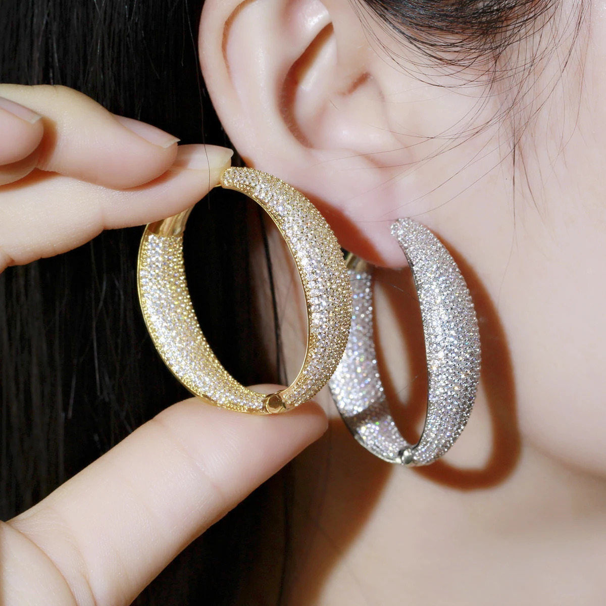 ThreeGraces Fashion Shiny Micro Pave CZ Crystal Silver Color Big Round Hoop Earrings for Women Chic Wedding Party Jewelry ER533 250226