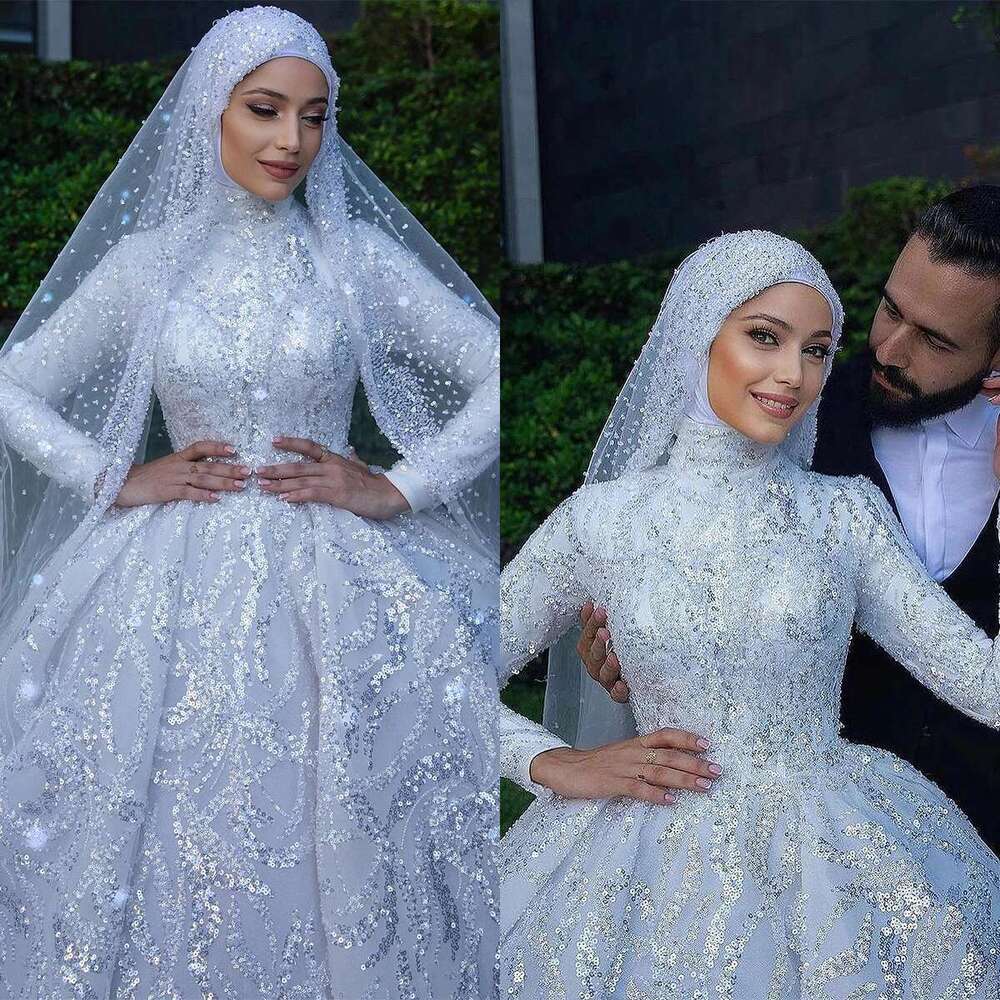 Gorgeous Muslim Wedding Dresses High Collar Long Sleeves Appliques Lace Ball Bridal Gown Chapel Custom Made Vestidos De Novia