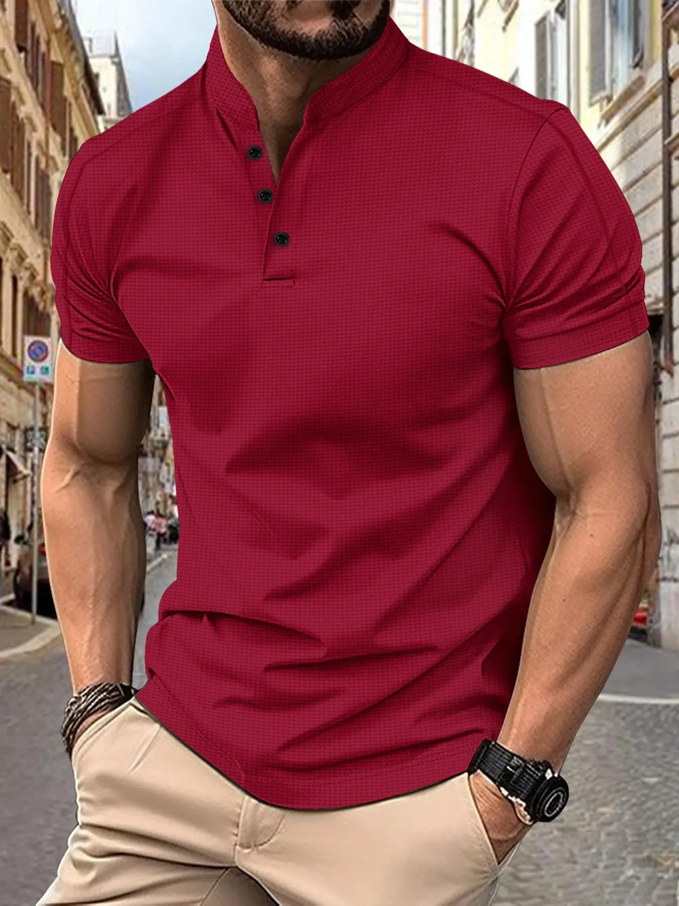 Summer explosion mens short sleeve T-shirt stand collar Waffle Henry collar casual fashion short sleeve polo shirt 250225