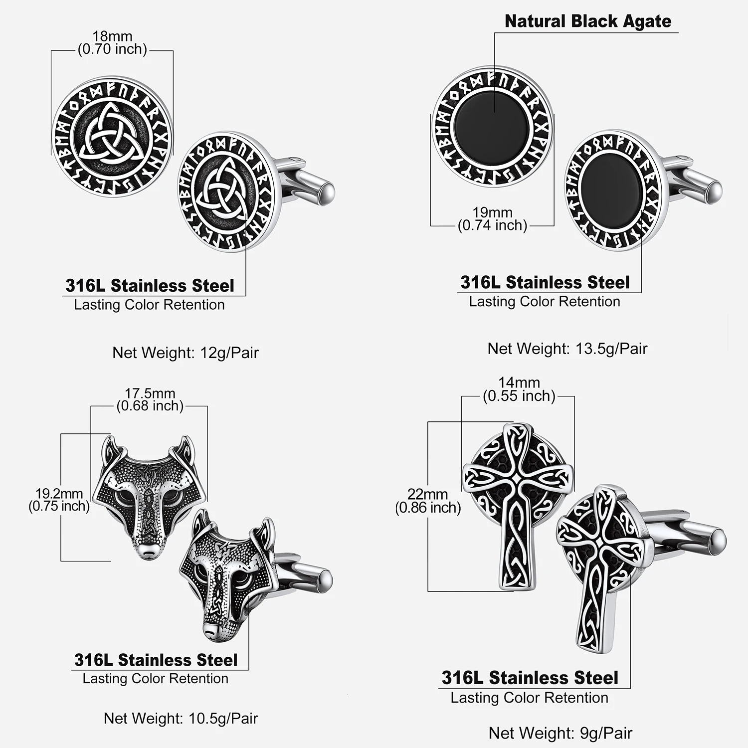 U7 Men Cufflink Norse Viking Runes Agate Comapss Wolf Celtic Knot Tuxedo Shirt Cuff Links Stainless Steel Amulet Jewelry 250220