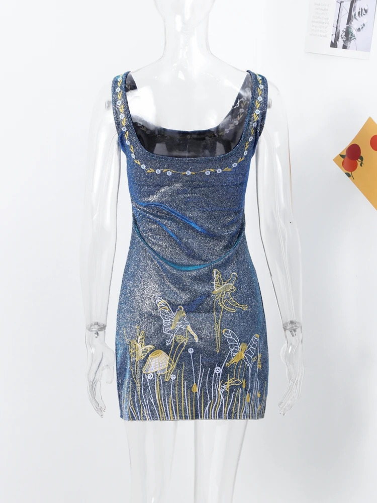 Embroidery Printing Sequins Party Dress Women Sexy Slim Sleeveless Sling Split A-line Dresses Mini Hip Package Lady Robes 250225