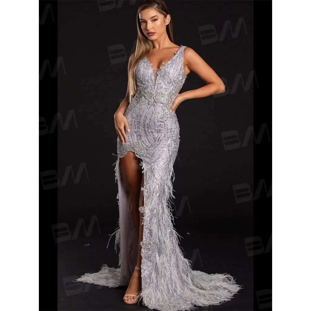Sexy Ball Gown with Feathers High Side Slot Spaghetti Straps Evening Frisbee Nude Back Party Dress prom Gala Dresses