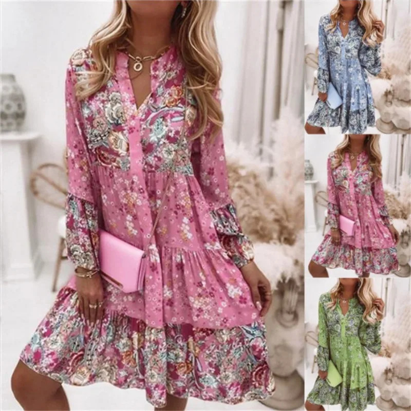 Casual Floral Print Dresses For Women Sping Summer Boho V Neck Loose A Line Dress Elegant Beach Party Dress Robe Femme 250225