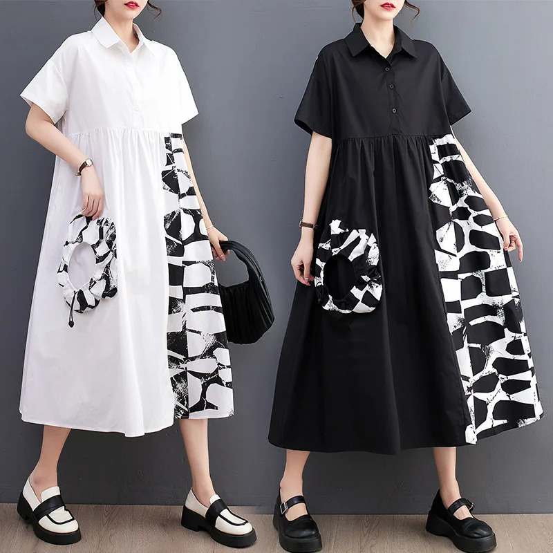 #0208 Summer Black White Long Shirt Dress Women Side Pockets Buttons Loose Asymmetrical Printed Midi Dress Female Short Sleeve 250225