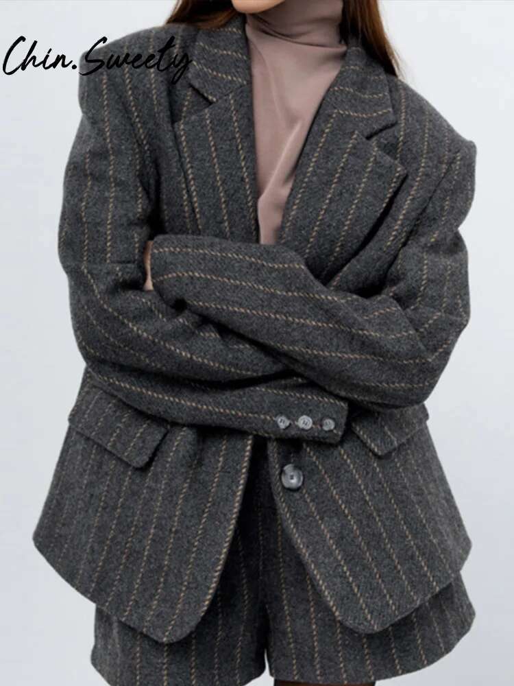 Urban Striped Print Women Shorts Set Casual Notched Single Button Pocket Blazer Short Dropped Pants 2025 Spring Autumn Lady Suit