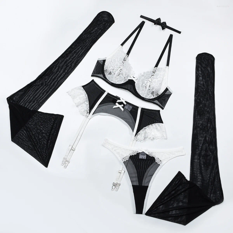 Bras Sets Sexy Lace Embroidered Exotic Lingerie Women Black White Mesh Patchwork Transparent Bra Garter Belt 3 Piece Intimate