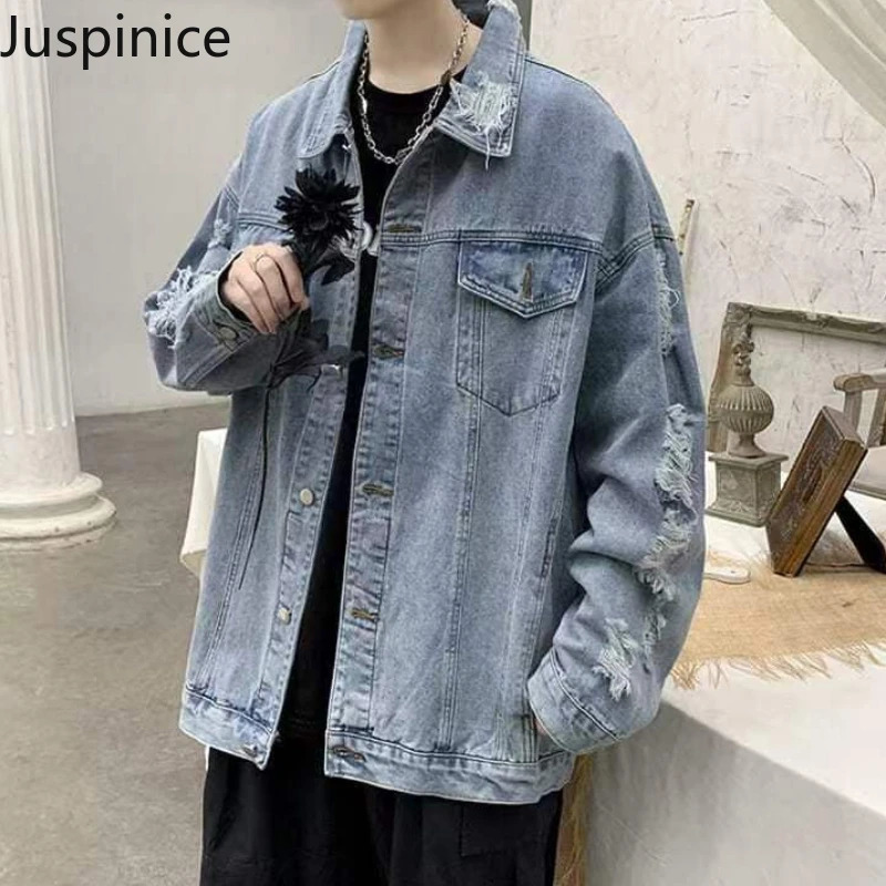 Spring Autumn Ripped Denim Jackets Mens Causal Loose Oversize Handsome High Street Overcoat Men Tops Male Clothes 250225