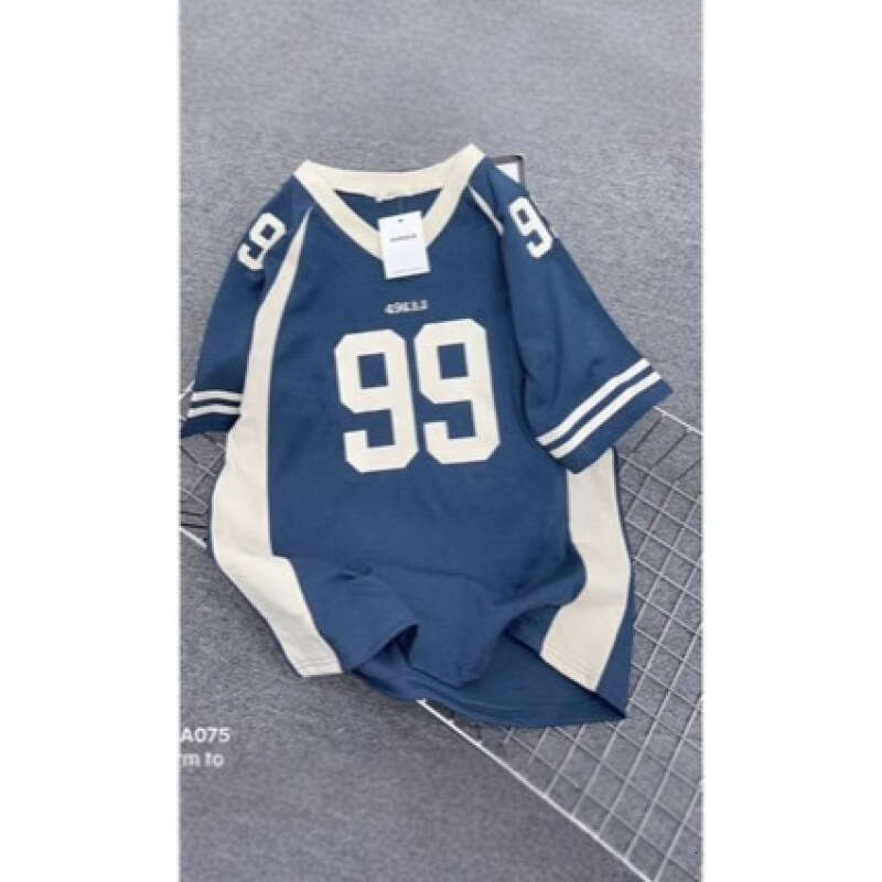 American high street casual sports baseball collar contrasting short T-shirt women's summer loose printed half sleeved top