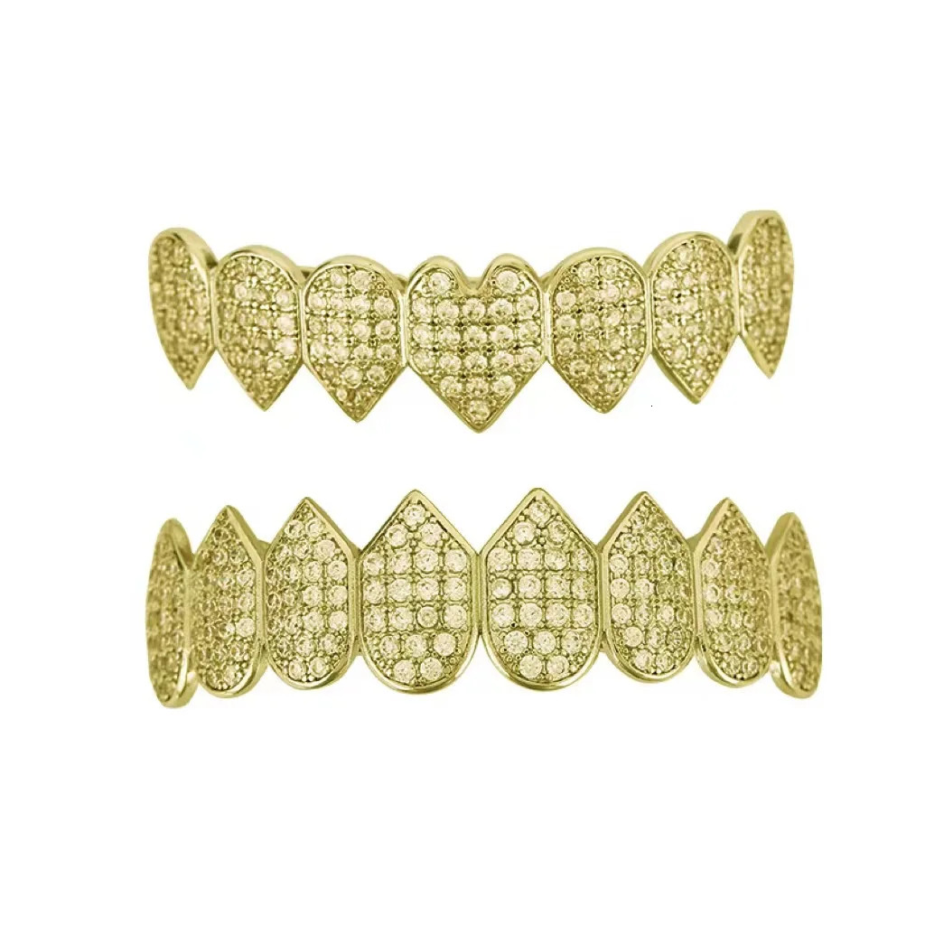 Iced Out Cubic Zircon Irregular Heart Teeth Set Men Women Top Bottom Stone Brass Material Hip Hop Cosply Decor 250220