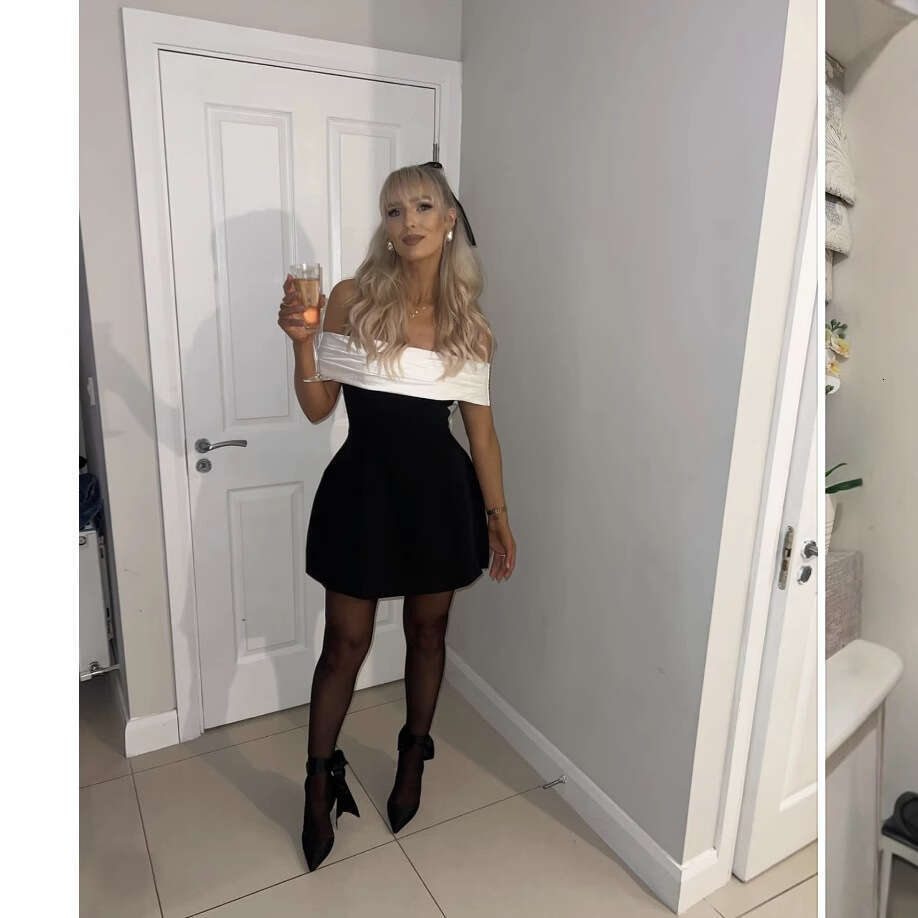 Women's Dress Spring/Summer One Shoulder Black And White Contrast Waist A Swing Design Bow Dress