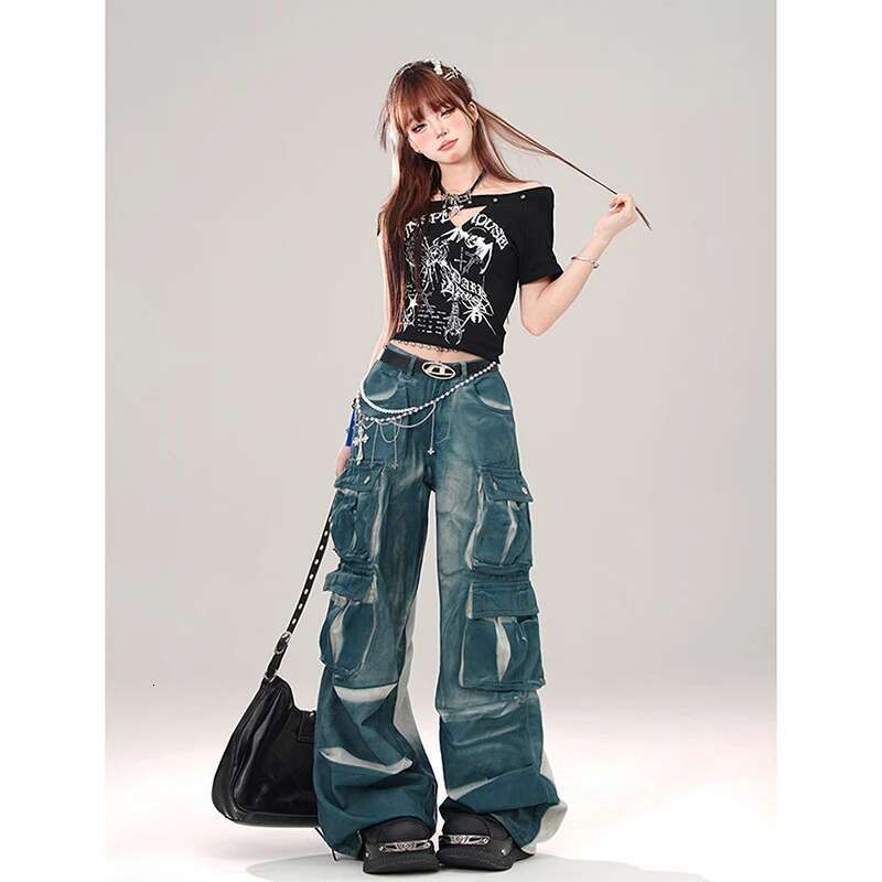 Women's Blue Baggy Cargo Jeans Korean Vintage Y2k 90S Aesthetic Denim Trousers 2000S Haruku Cowboy Pants Trashy Clothes 2024