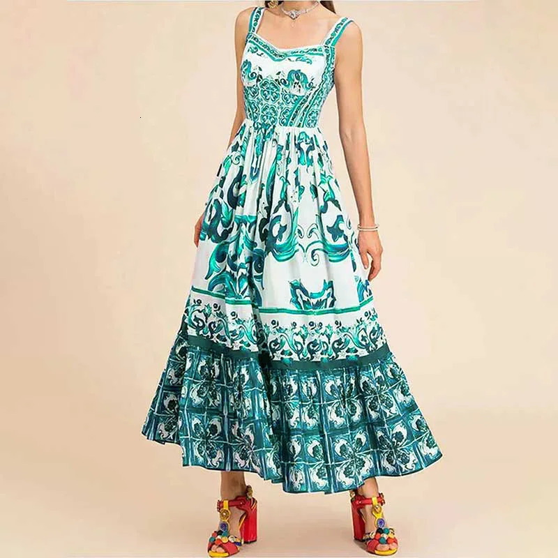 2025 Summer European And American Womens Fashion Bohemian Elegant Light Midi Length Printed Strap Dresses250222