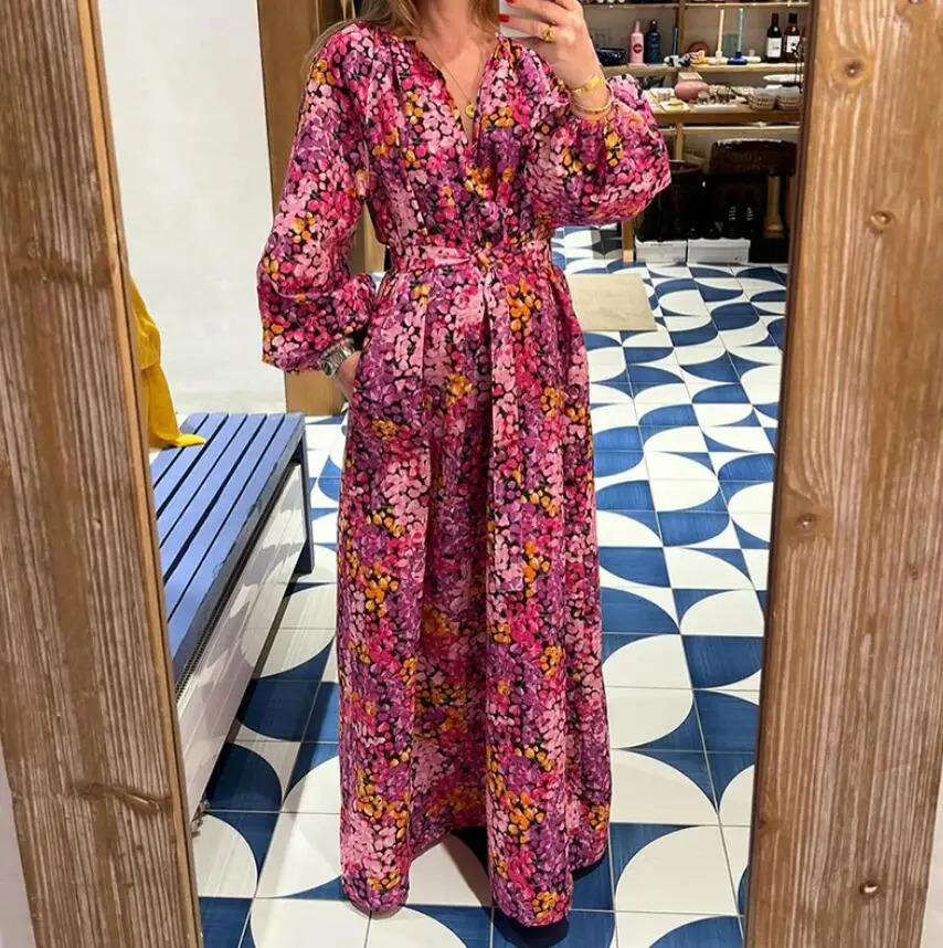 Fashion Printed Long Sleeve V-neck Bohemian Lace Up Dress For Women 250225