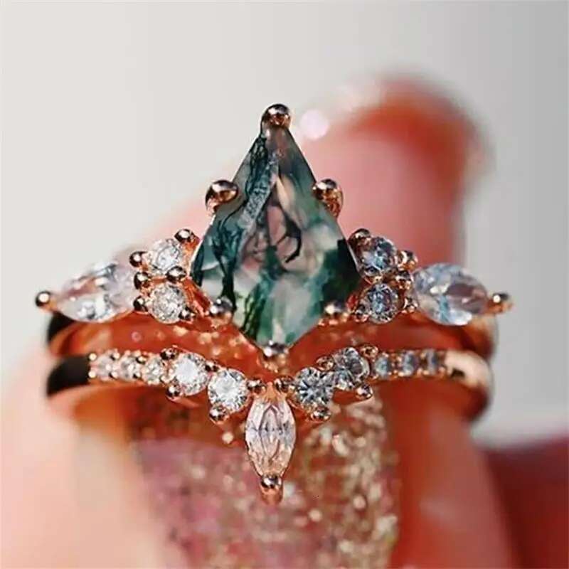 2024 new jewelry natural green moss stone agate high quality women's two-piece wedding ring set