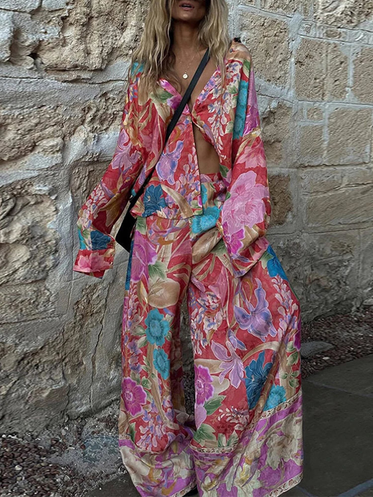 Floral Print Chiffon Womens Two Pieces Set Loose Single Breasted Long Sleeve Shirts Wide Leg Pants 2025 Vacation Lady Outfits 250225