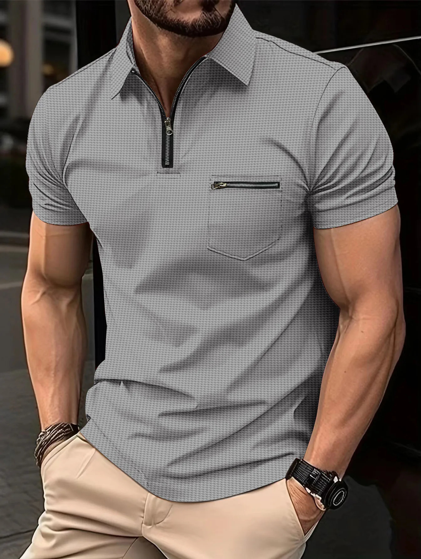 Summer Mens Polo Shirt Short Sleeve Pocket Zipper Personality Leisure Sports Outdoor Breathable Light Fashion Cardigan 250225