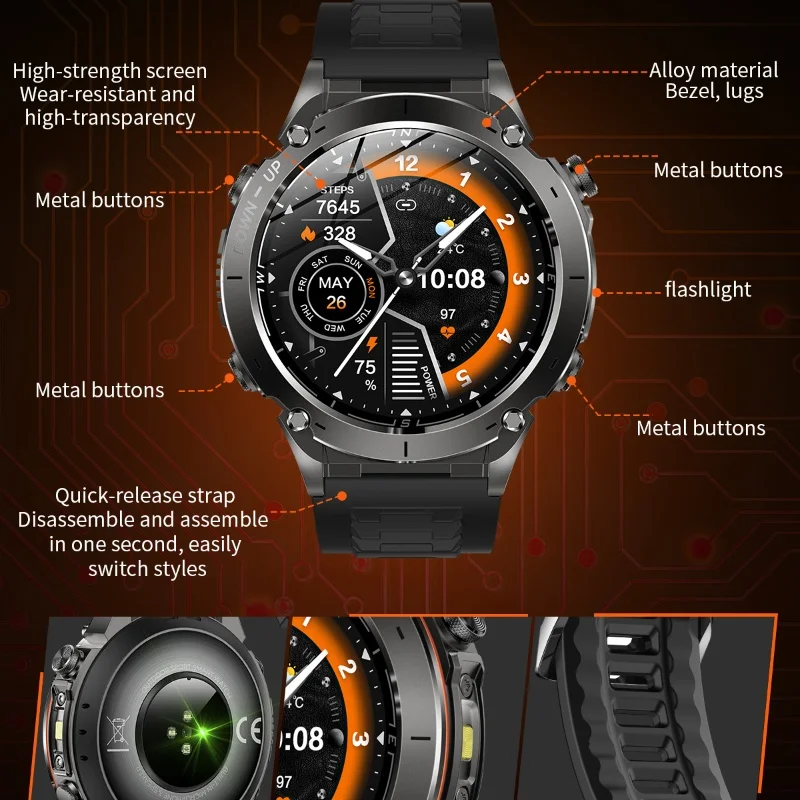 New Outdoor Sports GPS Smart Watch with Flashlight 1.43'' Amoled 730mAh 30M Waterproof Heart Rate Blood Pressure Men Smartwatch